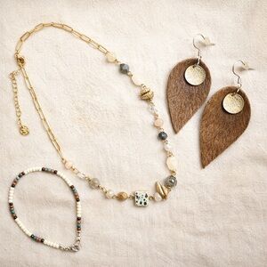 Boho Western Jewelry Bundle Necklace Anklet Cowhide Earrings